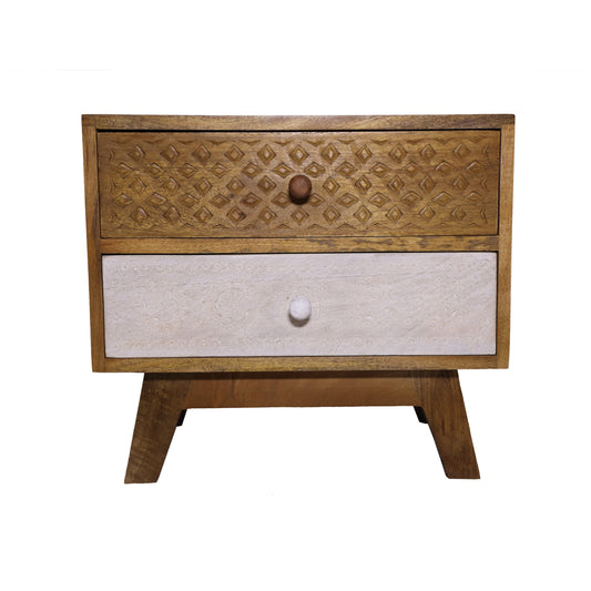 Colourful Jaipur Opus Carved Bedside - With Two Drawers and 4 Legs